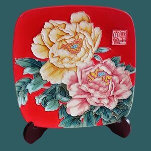 Decorative Plate With Floral Relief Design & Stand "10" Red Background